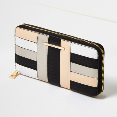 Cream block panel zip purse